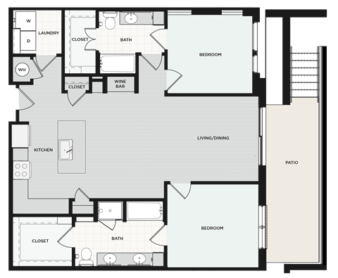 Floor plan for 2 beds, 2 baths, 1231 sqft